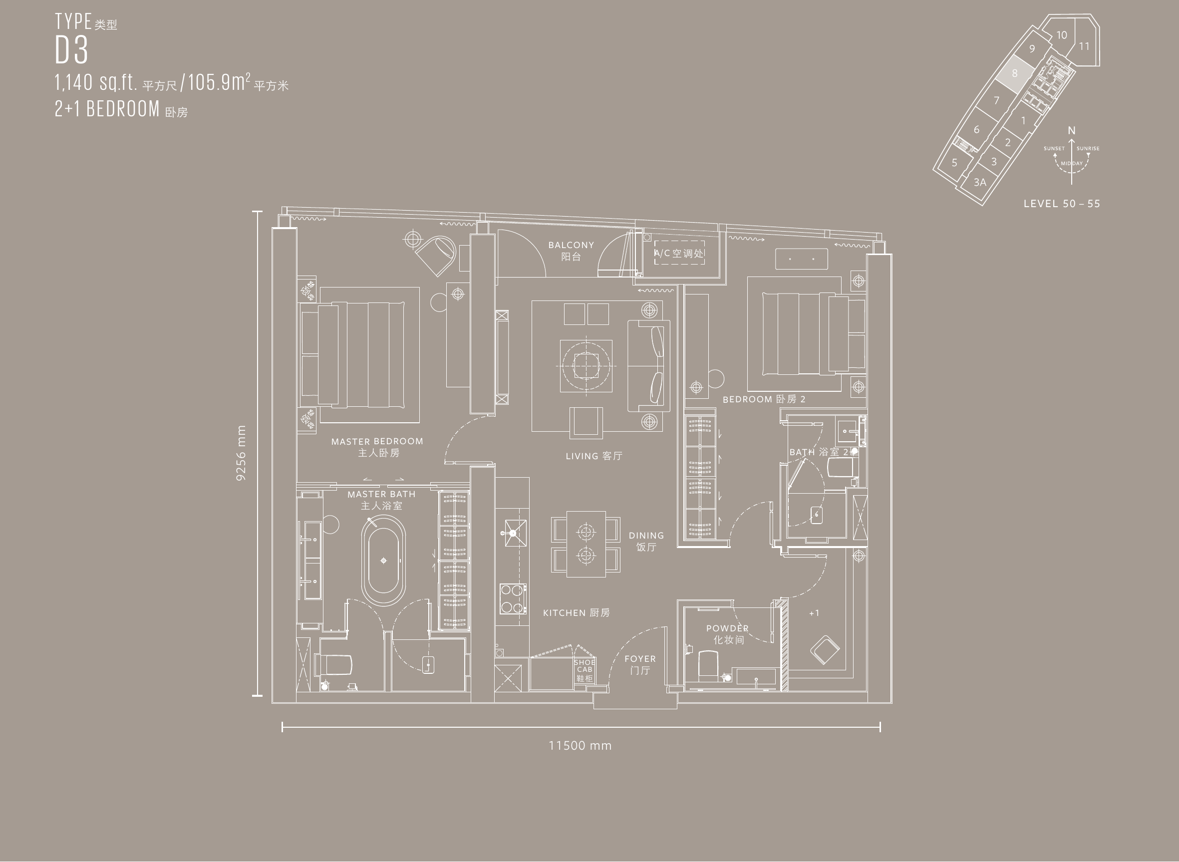 YOO8 serviced by Kempinski @ 8 Conlay Type D3 · 2+1 Bedroom · 1,140 sf · Level 50–55 floor plan