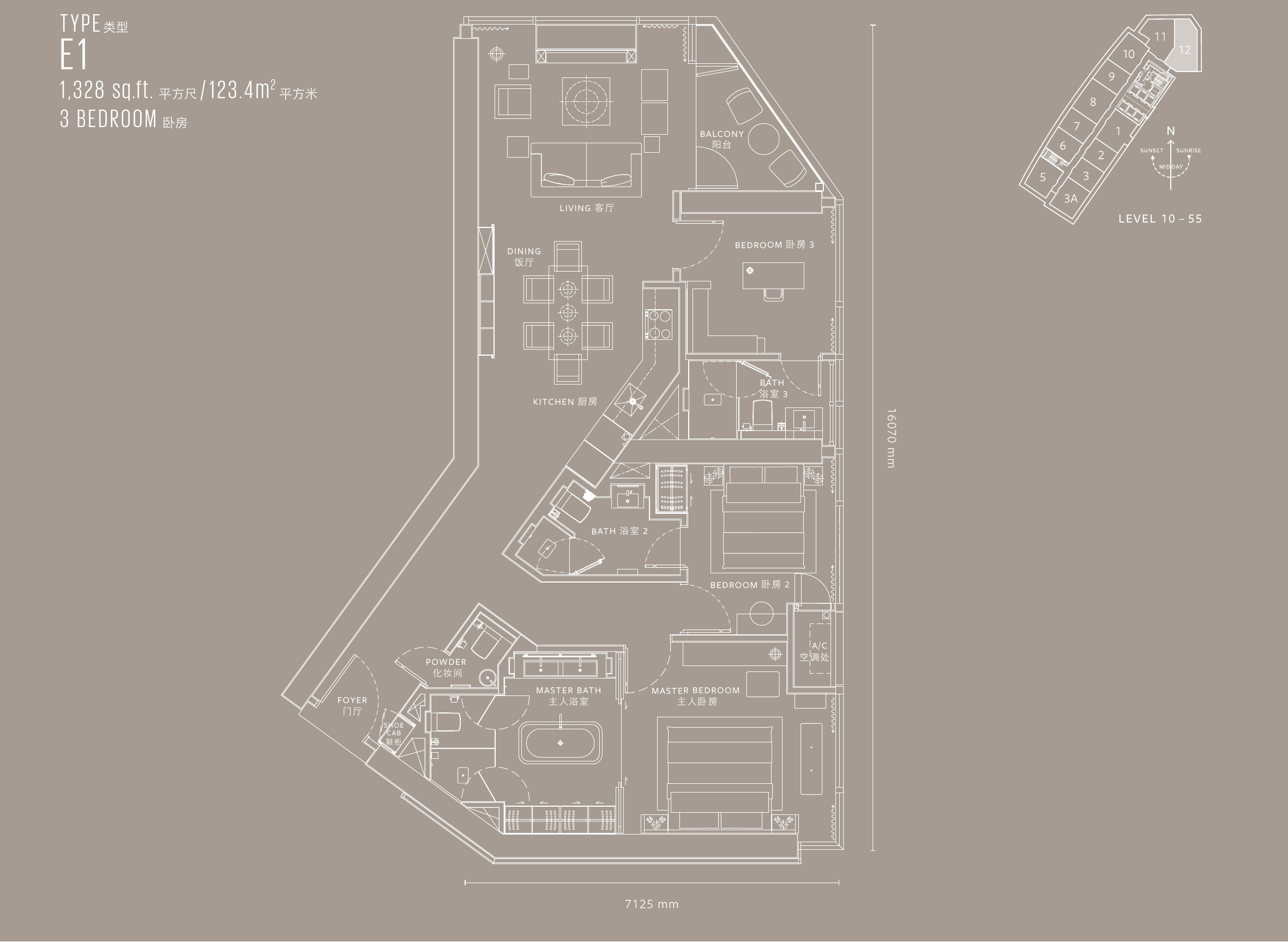 YOO8 serviced by Kempinski @ 8 Conlay Type E1 · 3 Bedroom · 1,328 sf · Level 10–55 floor plan