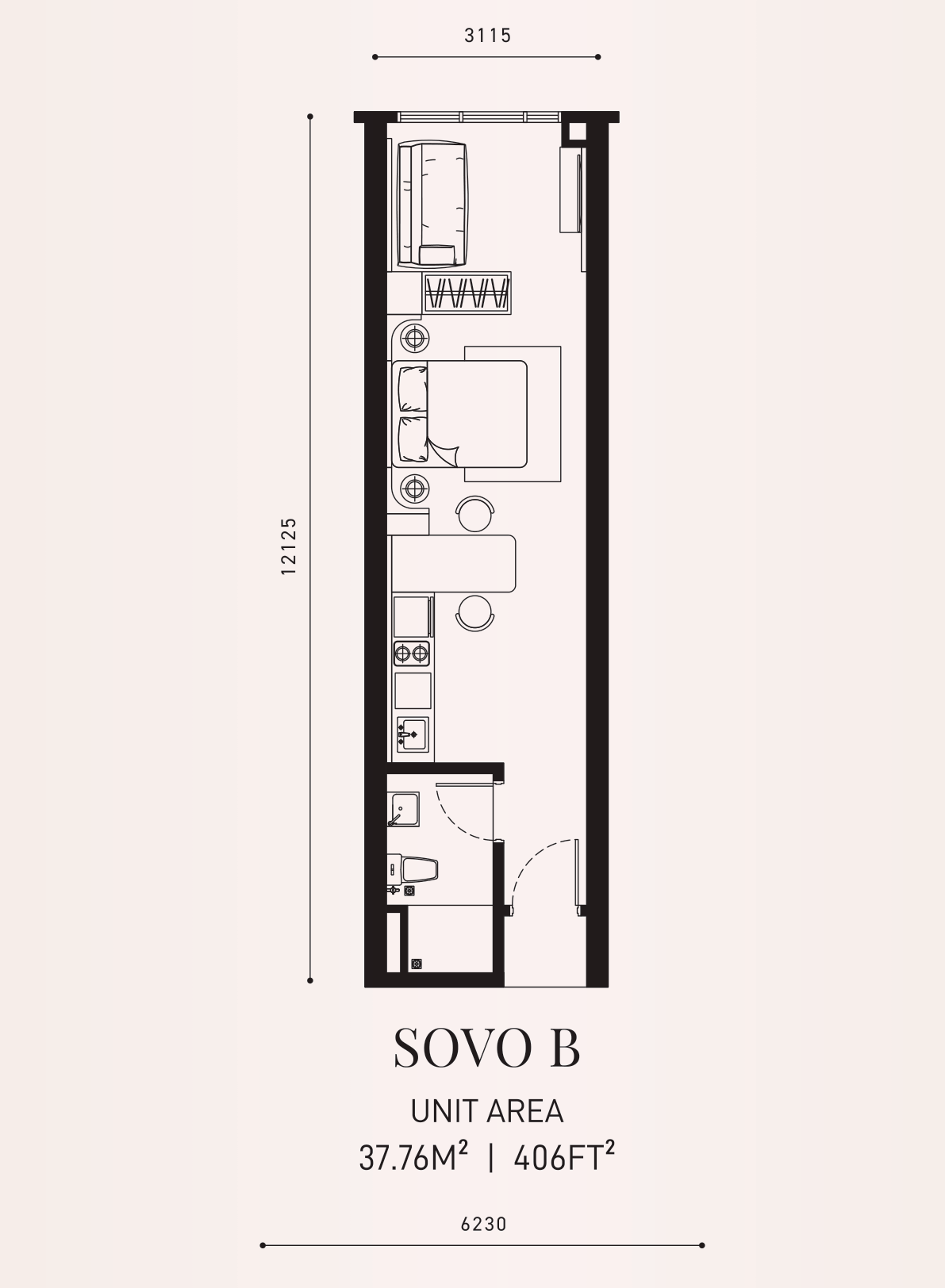 Armani Hallson SOVO B · 406 sf floor plan