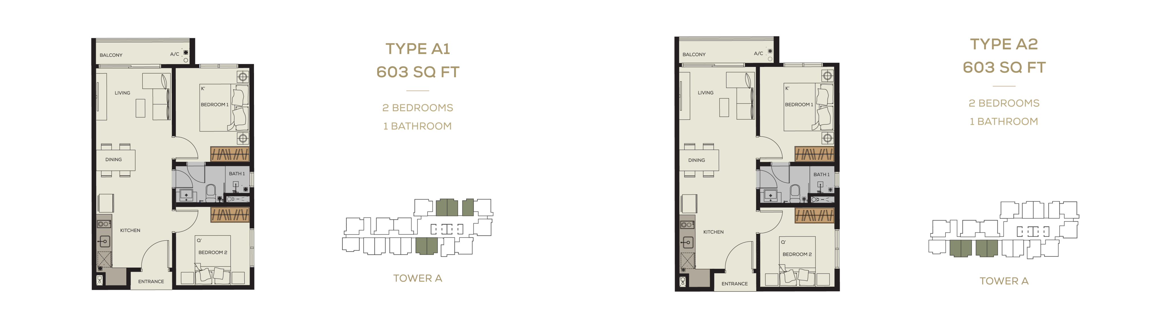Bamboo Hills Residences Type A1 & A2 · 2 Bed, 1 Bath · 603 sf · Tower A floor plan