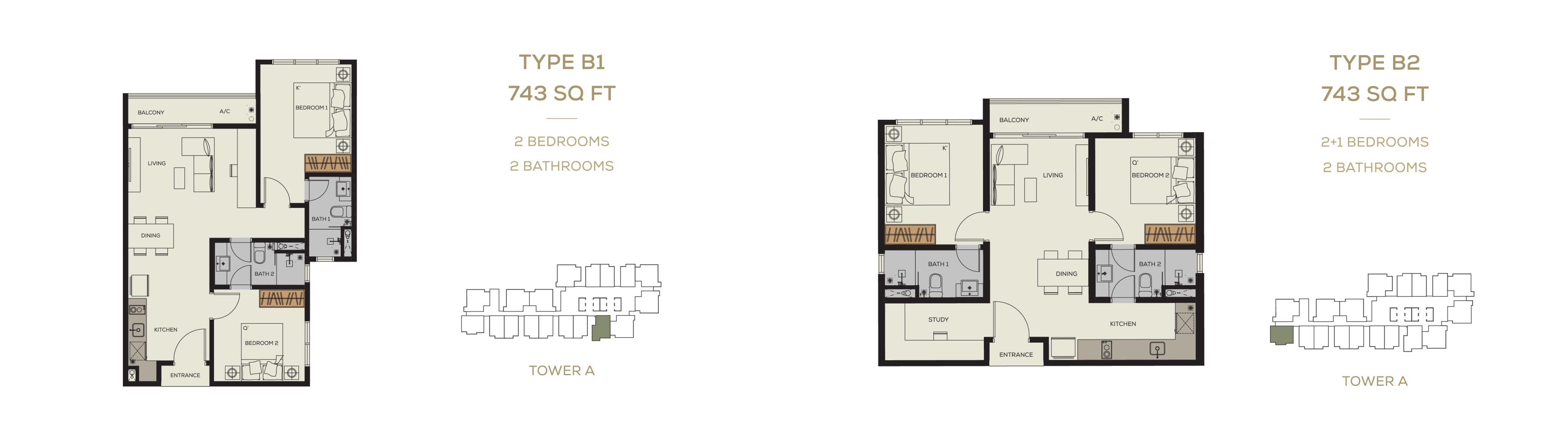 Bamboo Hills Residences Type B1 & B2 · 2(+1) Bed, 2 Bath · 743 sf · Tower A floor plan