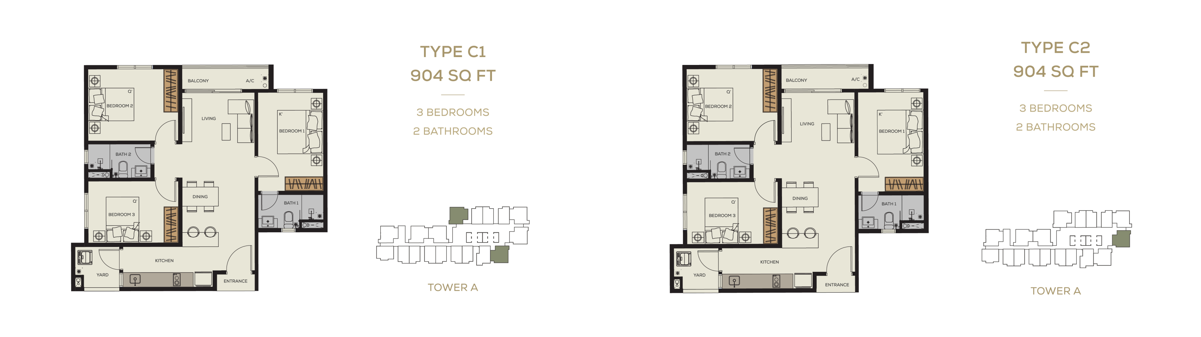Bamboo Hills Residences Type C1 & C2 · 3 Bed, 2 Bath · 904 sf · Tower A floor plan