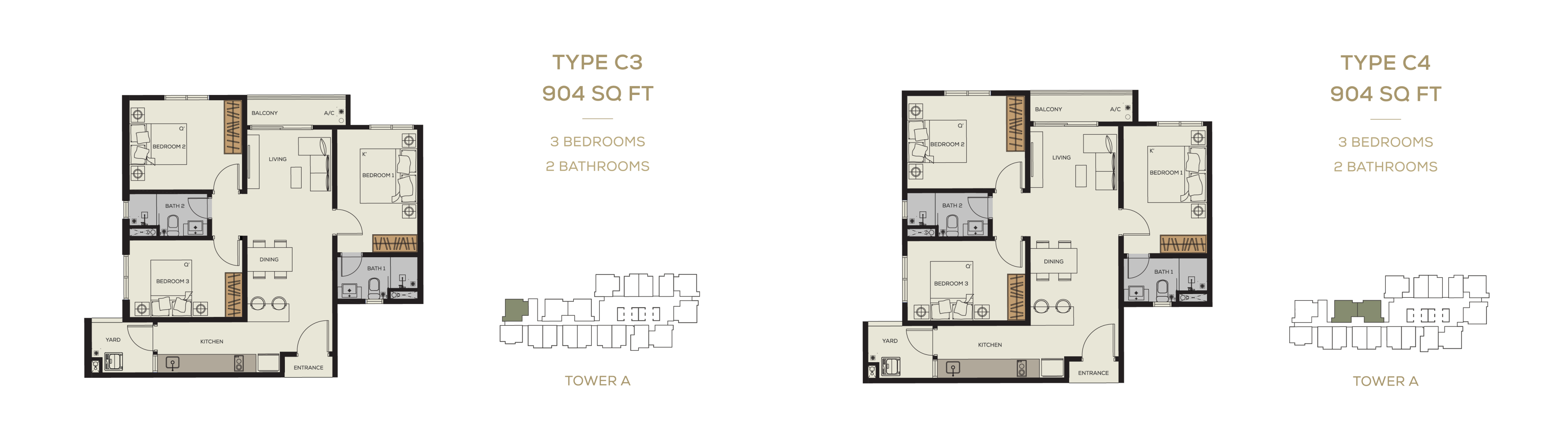 Bamboo Hills Residences Type C3 & C4 · 3 Bed, 2 Bath · 904 sf · Tower A floor plan