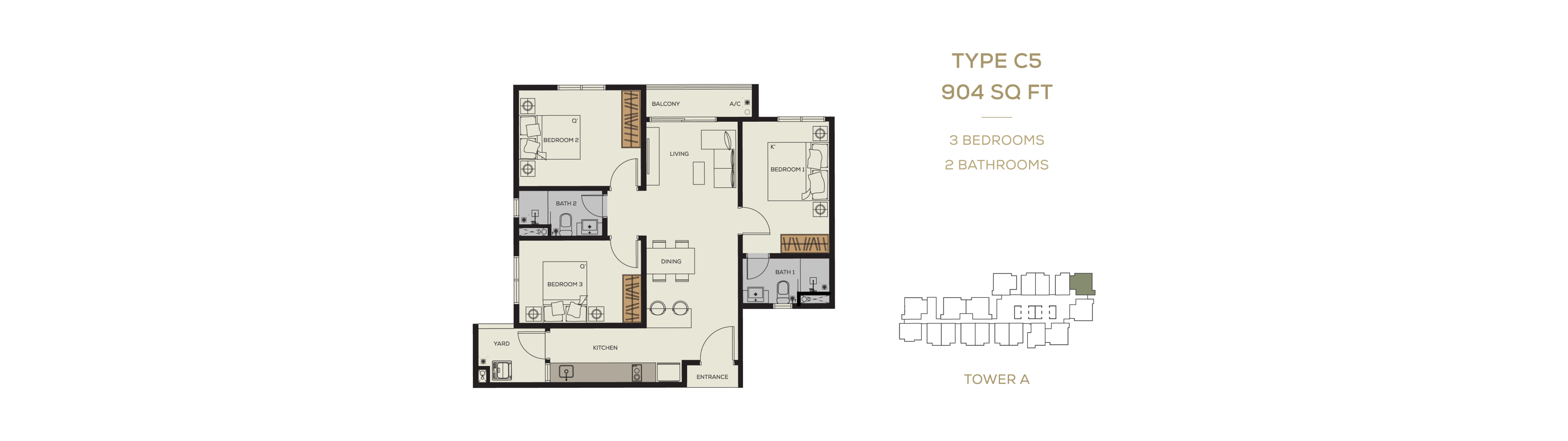 Bamboo Hills Residences Type C5 · 3 Bed, 2 Bath · 904 sf · Tower A floor plan