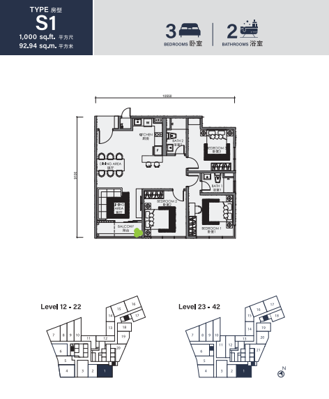 CentriX The Station KLCC Type S1 · 3 Bed, 2 Bath · 1,000 sf floor plan