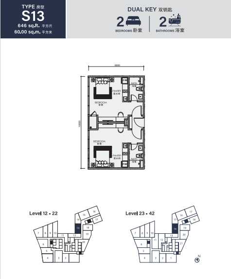 CentriX The Station KLCC Type S13 · 2 Bed, 2 Bath · 646 sf floor plan