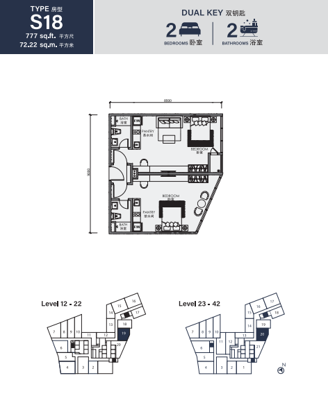 CentriX The Station KLCC Type S18 · 2 Bed, 2 Bath · 777 sf floor plan