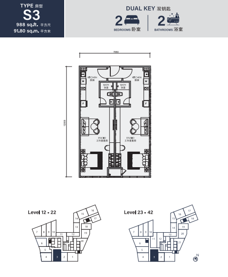 CentriX The Station KLCC Type S3 · 2 Bed, 2 Bath · 988 sf floor plan