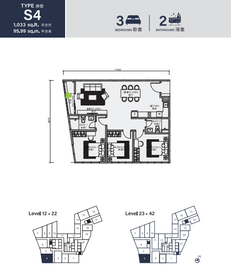 CentriX The Station KLCC Type S4 · 3 Bed, 2 Bath · 1,033 sf floor plan