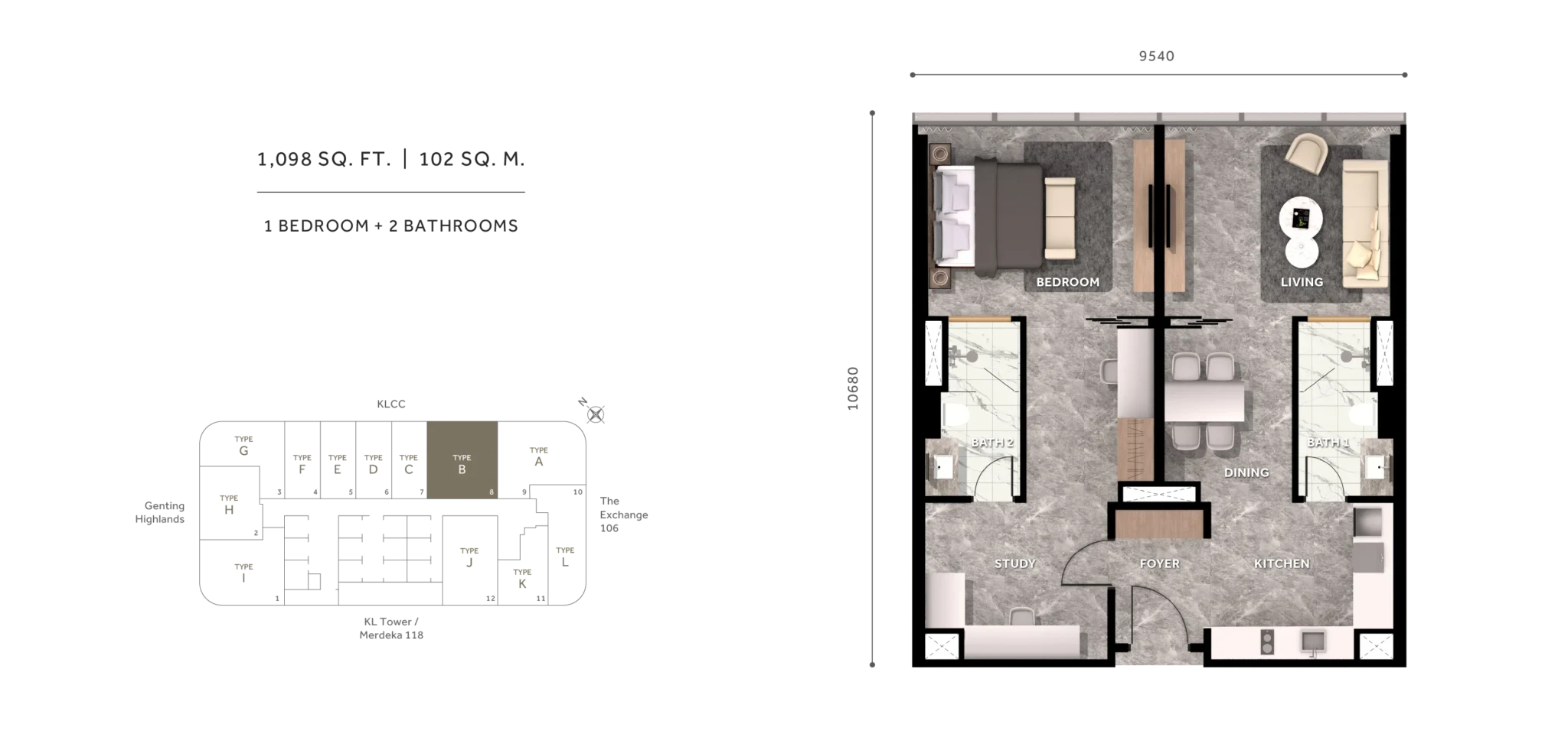 Clouthaus KLCC 1 Bed · 1,098 sf floor plan