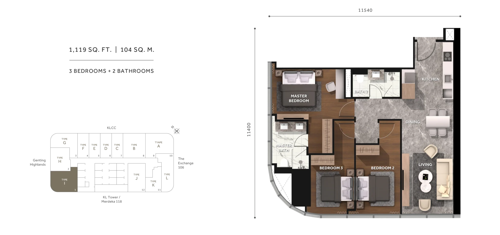 Clouthaus KLCC 3 Bed · 1,119 sf floor plan