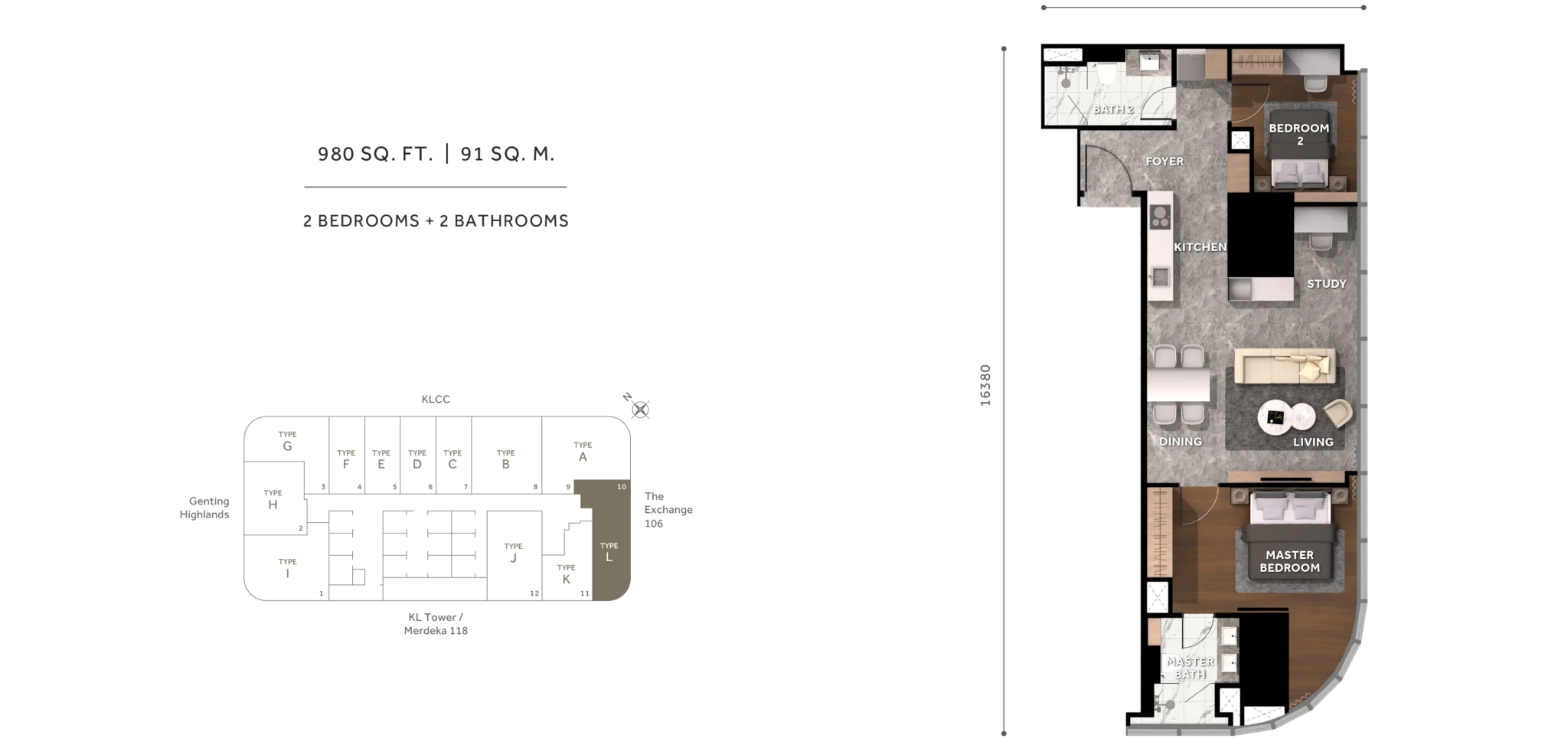 Clouthaus KLCC 2 Bed · 980 sf floor plan