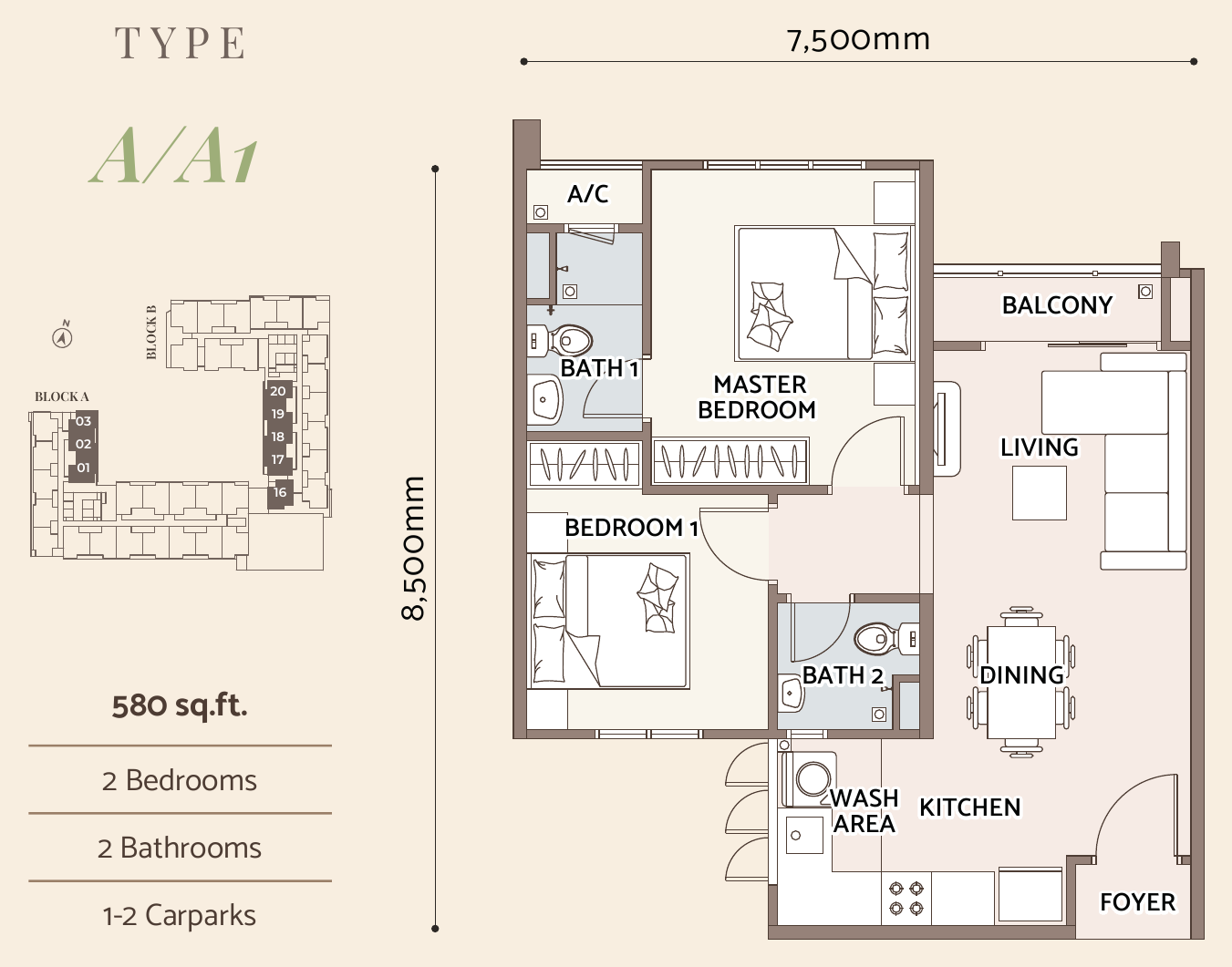 D'Parc Residence Type A / A1 · 2 Bed, 2 Bath · 580 sf · 1–2 car parks floor plan