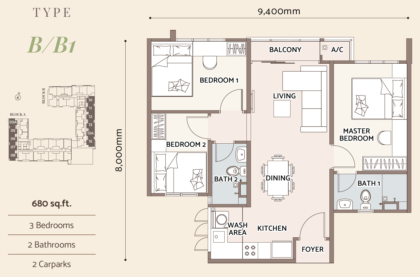 D'Parc Residence Type B / B1 · 3 Bed, 2 Bath · 680 sf · 2 car parks floor plan