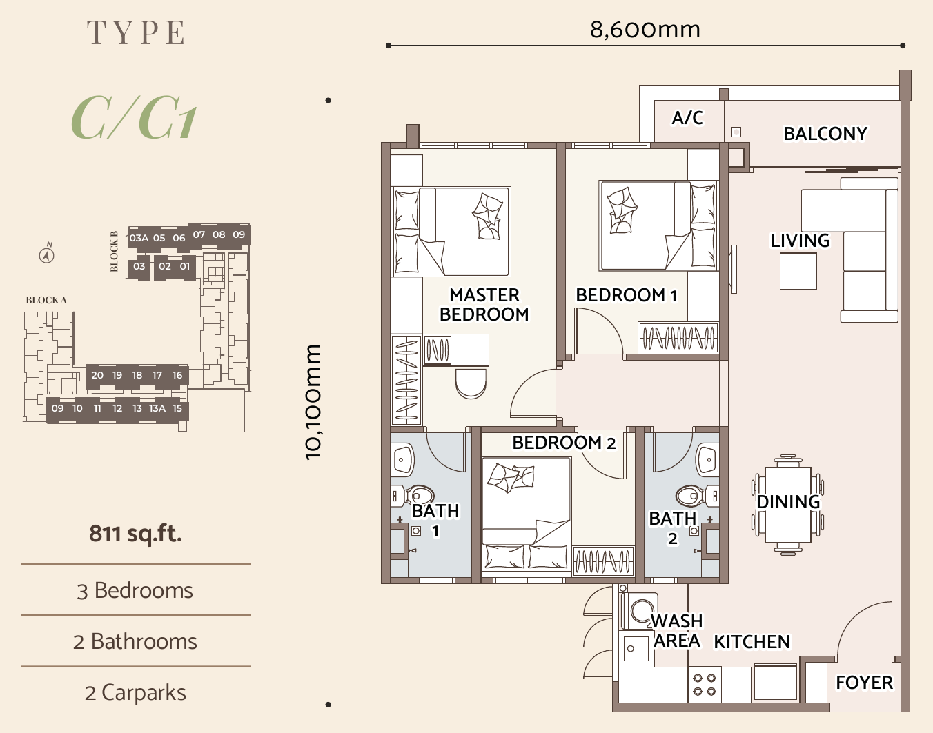 D'Parc Residence Type C / C1 · 3 Bed, 2 Bath · 811 sf · 2 car parks floor plan