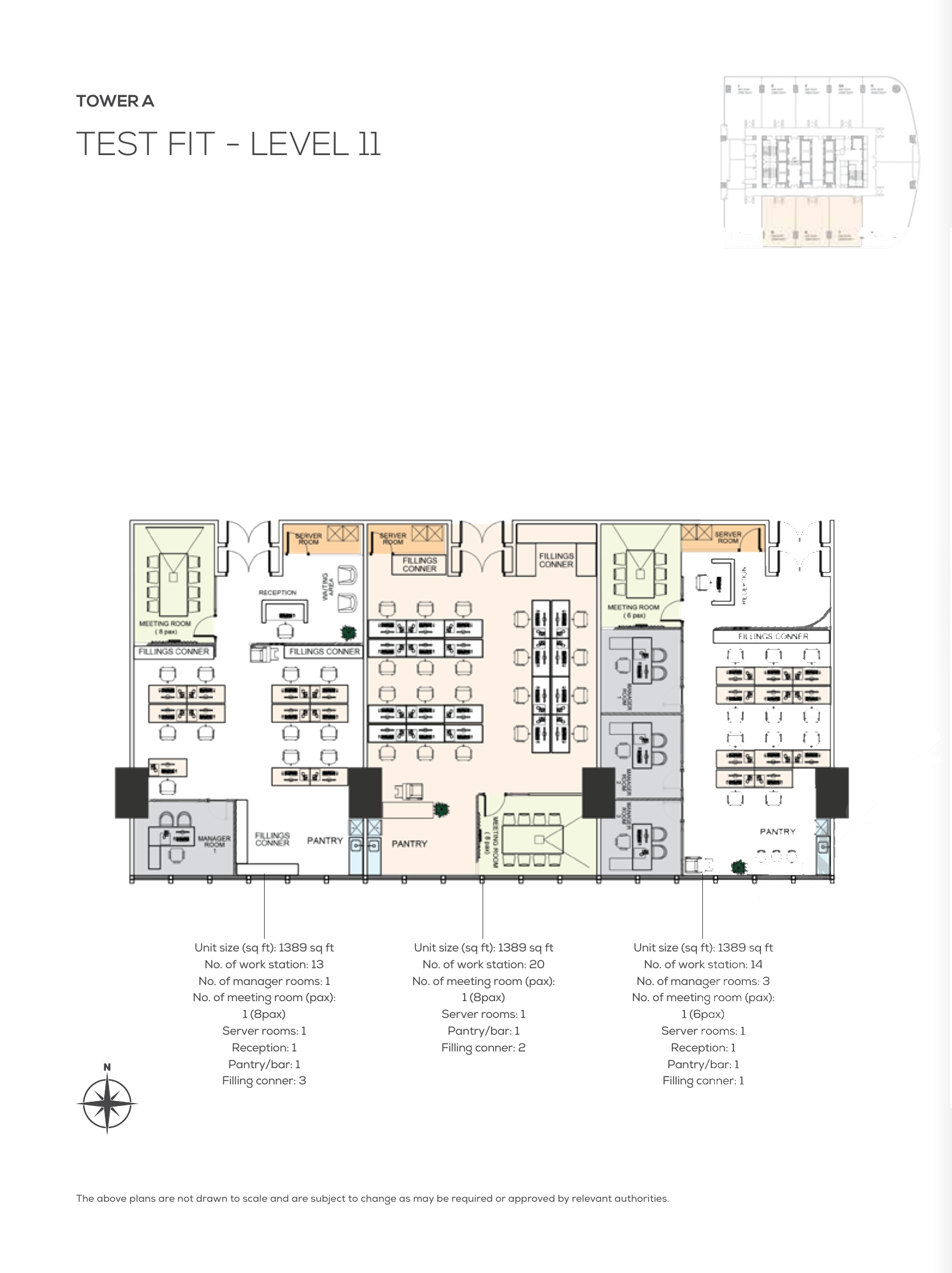 DUO Tower @ Bangsar South Tower A · Level 11 Test-Fit · 1,389 sf (×3 suites) floor plan
