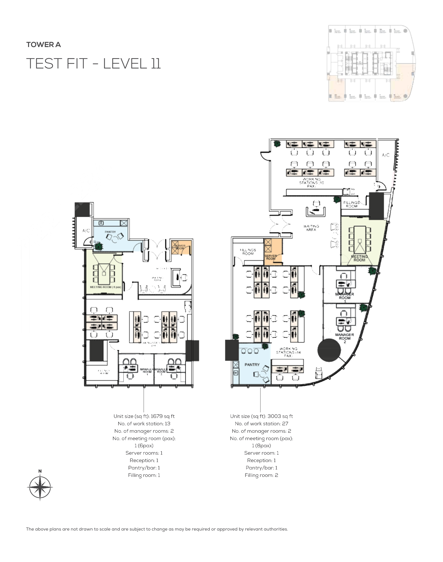 DUO Tower @ Bangsar South Tower A · Level 11 Test-Fit · 1,679 sf & 3,003 sf floor plan