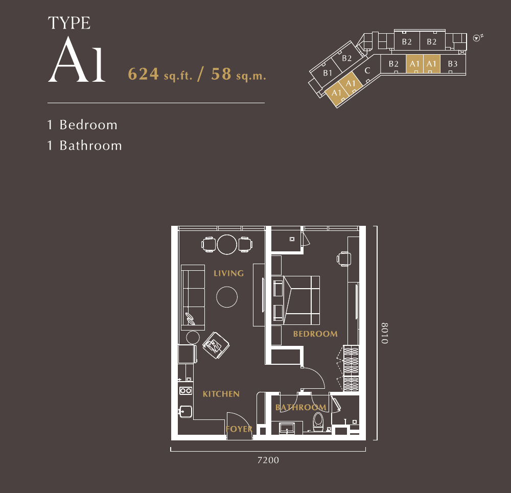 Golden Crown Residence @ TRX Type A1 · 1 Bed, 1 Bath · 624 sf floor plan