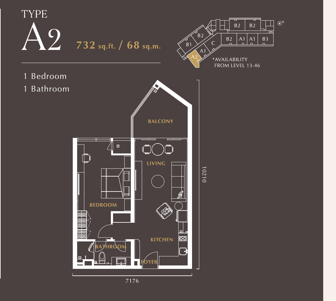 Golden Crown Residence @ TRX Type A2 · 1 Bed, 1 Bath · 732 sf floor plan