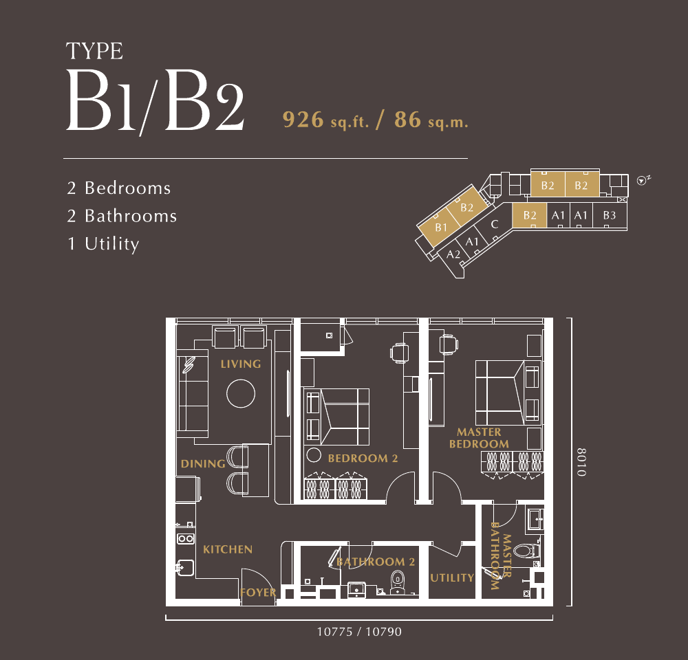 Golden Crown Residence @ TRX Type B1/B2 · 2 Bed, 2 Bath · 926 sf floor plan