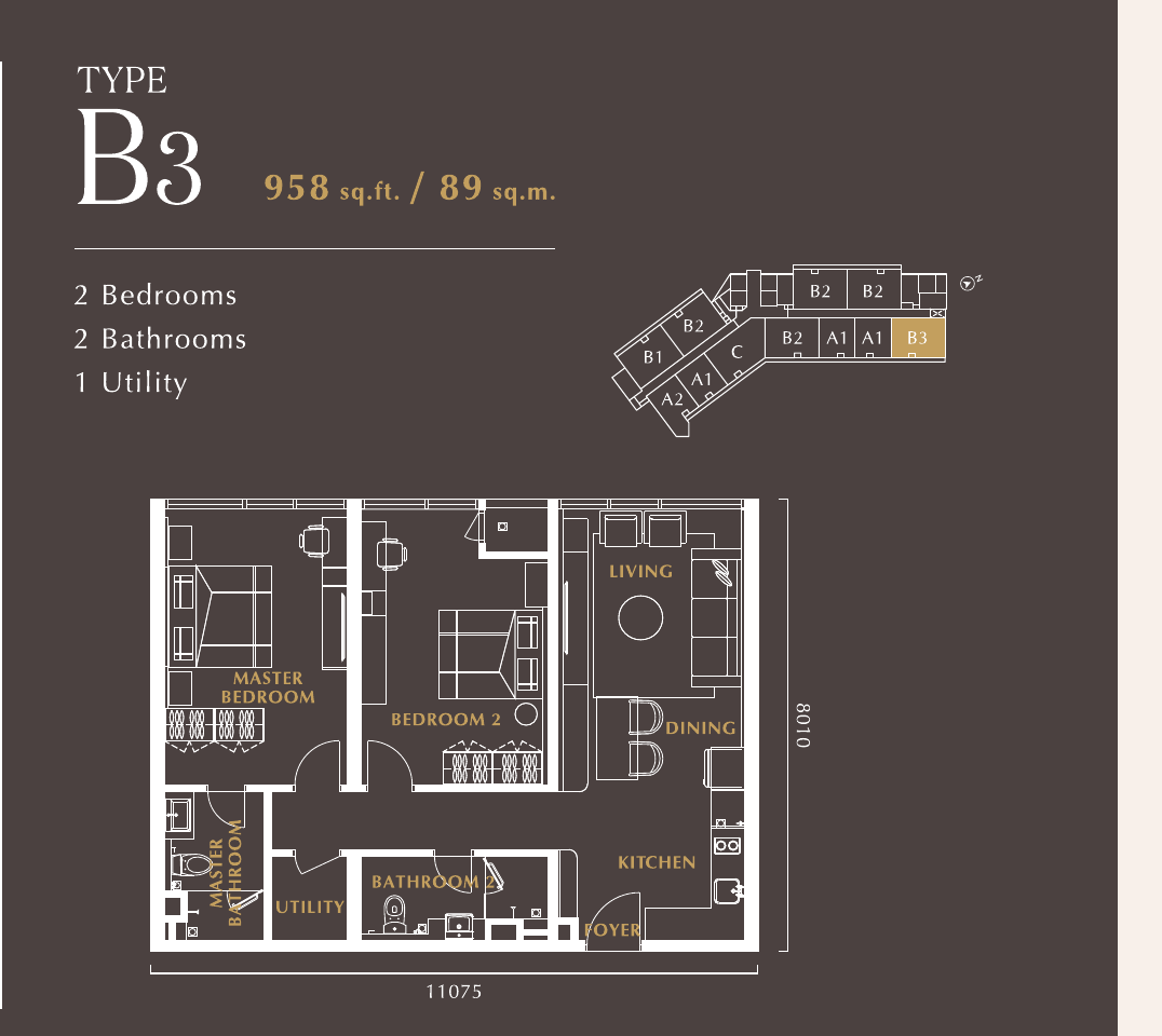Golden Crown Residence @ TRX Type B3 · 2 Bed, 2 Bath · 958 sf floor plan