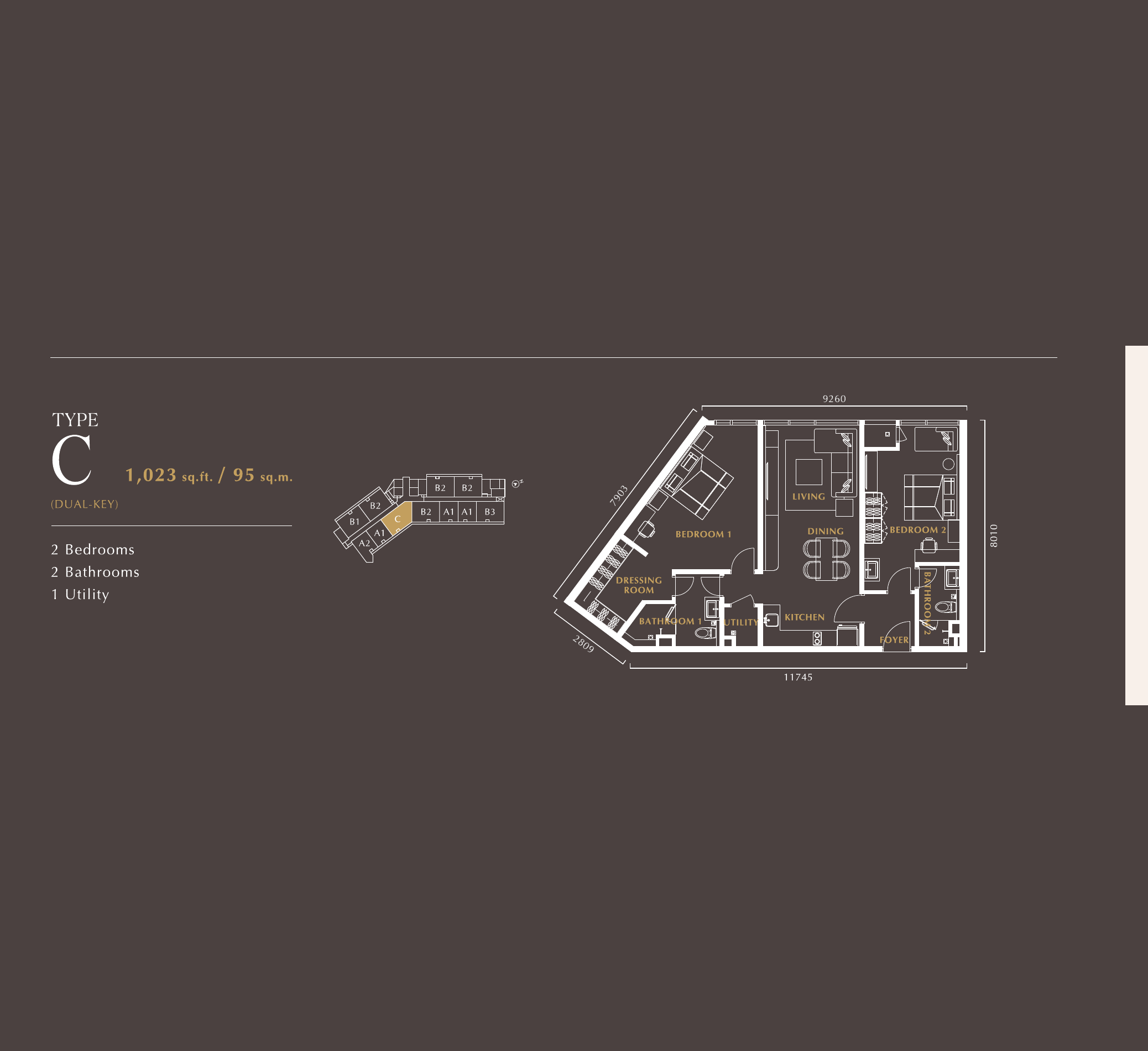 Golden Crown Residence @ TRX Type C (Dual Key) · 2 Bed, 2 Bath · 1,023 sf floor plan