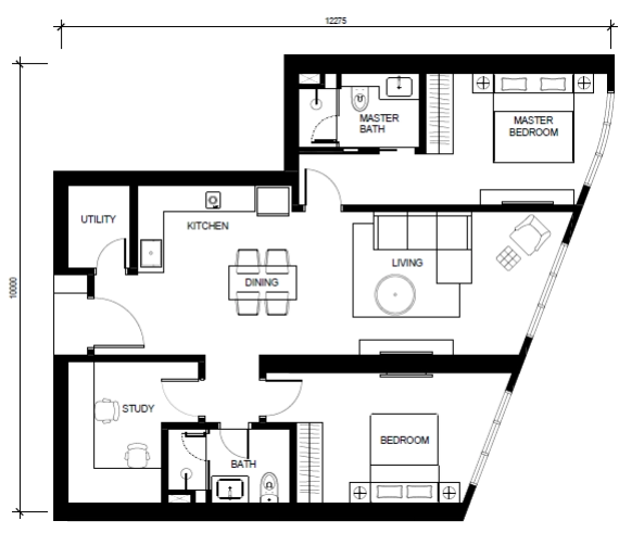 Khaya Residences Bangsar Type H · 1,028 sf · 2+2 Bedroom floor plan