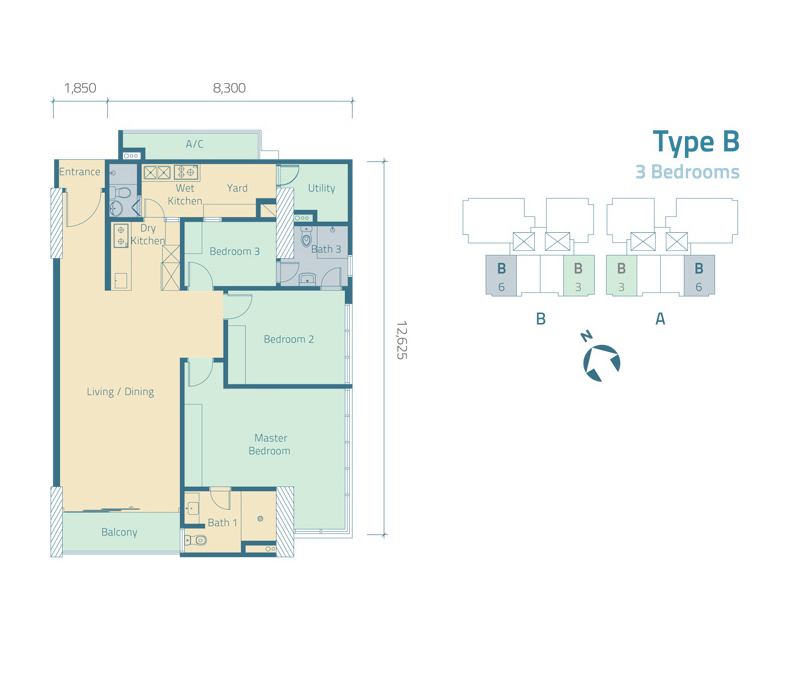 KL Trillion Type B · 3 Bedrooms floor plan