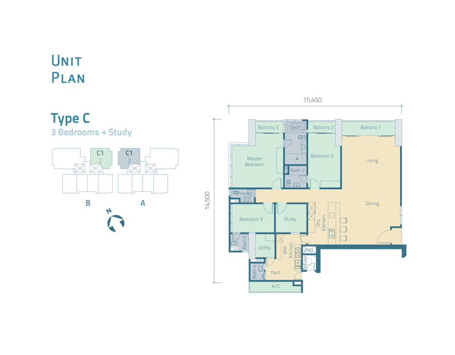 KL Trillion Type C · 3 Bedrooms + Study floor plan