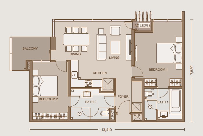 One Eleven Menerung Type M1-A · 1,012 sf · 2+2 floor plan