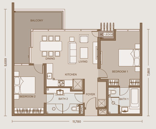 One Eleven Menerung Type M1-B · 1,087 sf · 2+2 floor plan