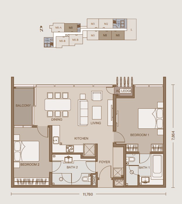 One Eleven Menerung Type M1 · 1,001 sf · 2+2 floor plan
