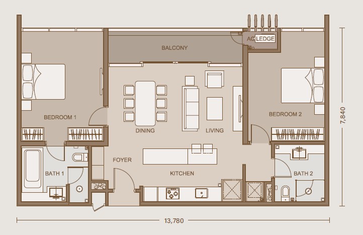 One Eleven Menerung Type M2 · 1,163 sf · 2+2 floor plan