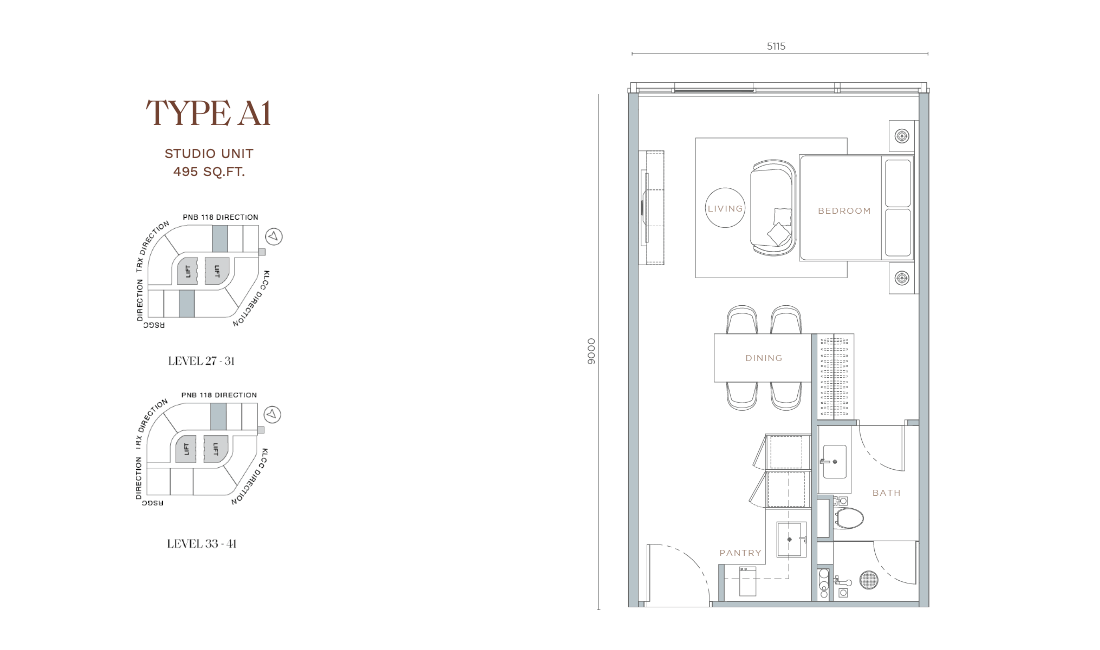Orion Residence Type A1 · Studio · 495 sf · Level 27–31, 33–41 floor plan