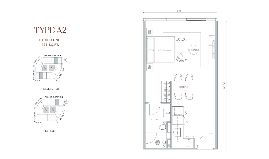 Orion Residence Type A2 · Studio · 495 sf · Level 27–31, 32–41 floor plan