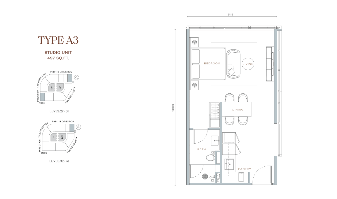Orion Residence Type A3 · Studio · 497 sf · Level 27–31, 32–41 floor plan