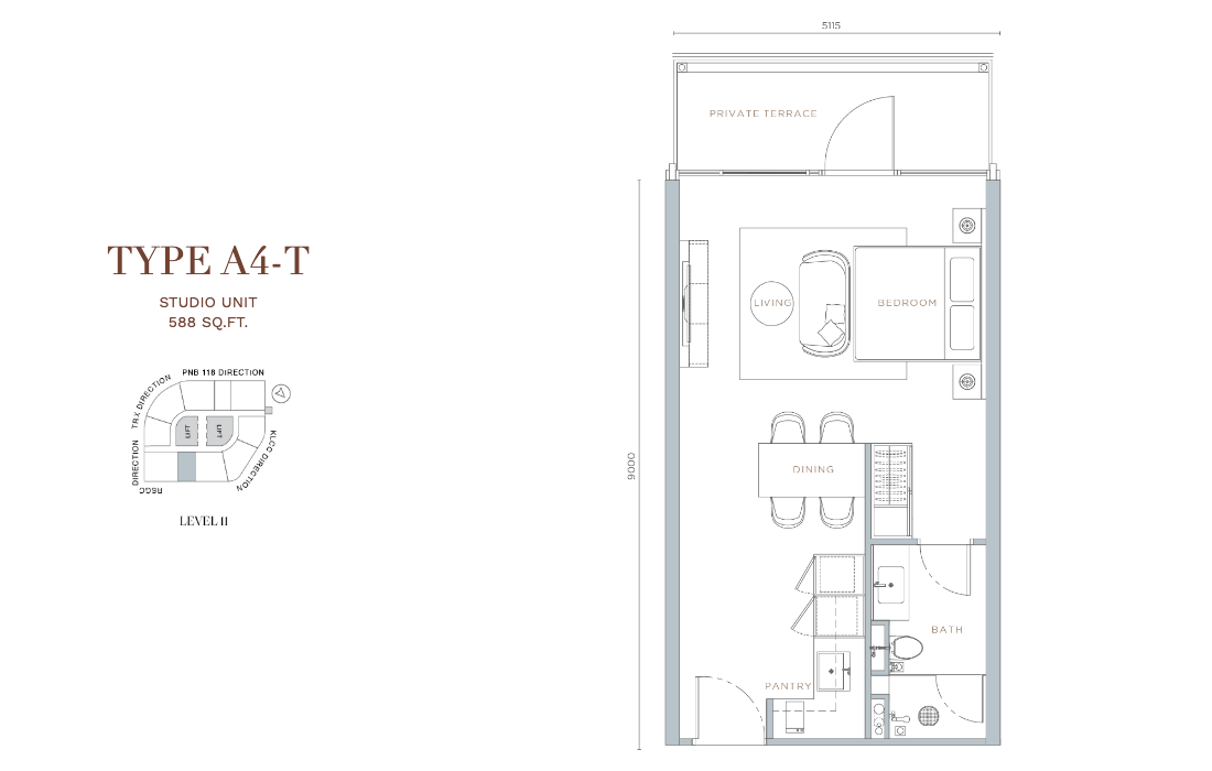 Orion Residence Type A4-T · Studio + Terrace · 588 sf · Level 11 floor plan