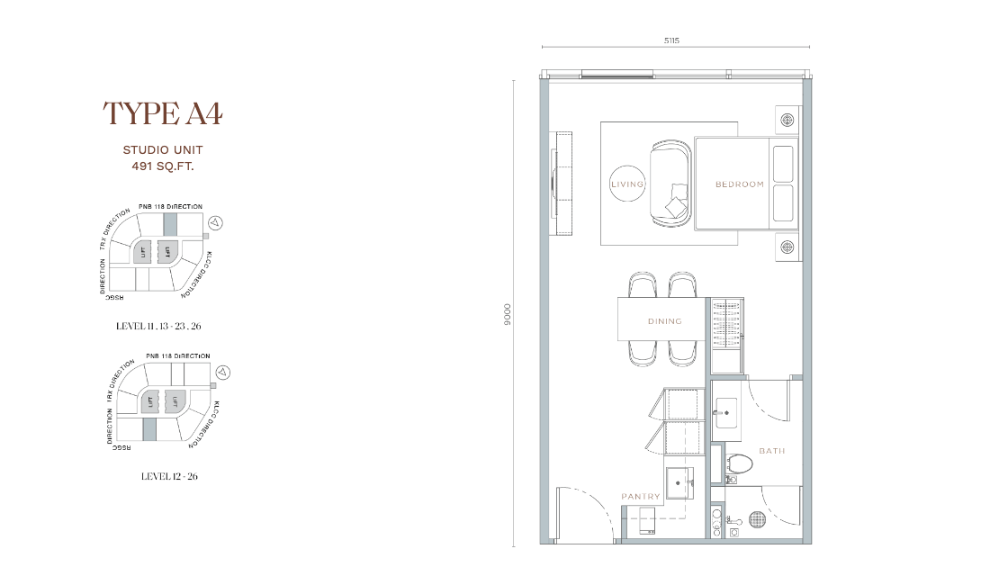 Orion Residence Type A4 · Studio · 491 sf · Level 11, 13–23, 26 floor plan