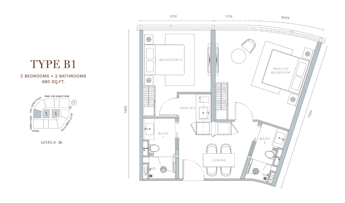 Orion Residence Type B1 · 2 Bed + 2 Bath · 680 sf · Level 11–26 floor plan