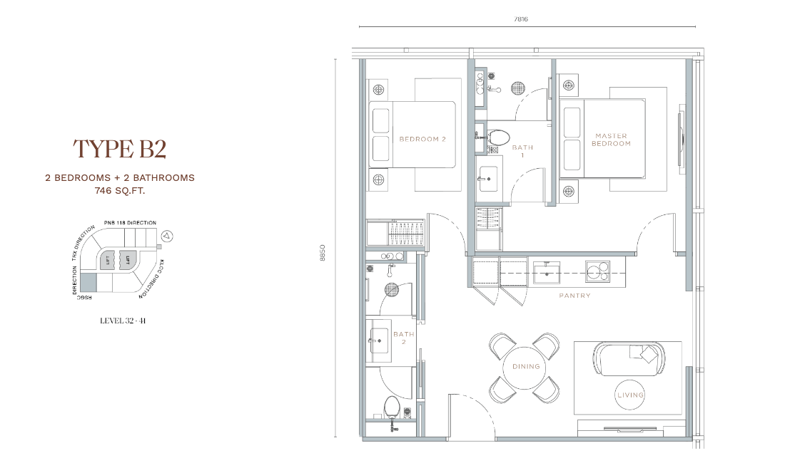 Orion Residence Type B2 · 2 Bed + 2 Bath · 746 sf · Level 32–44 floor plan