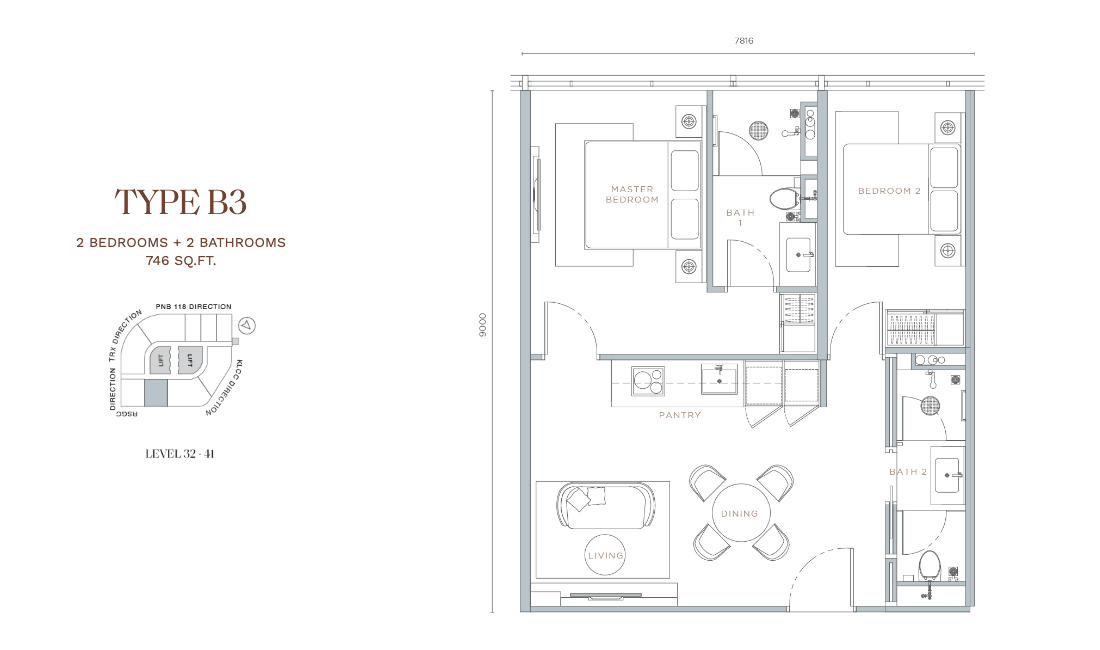 Orion Residence Type B3 · 2 Bed + 2 Bath · 746 sf · Level 32–41 floor plan