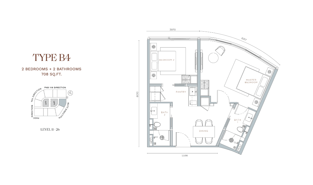 Orion Residence Type B4 · 2 Bed + 2 Bath · 708 sf · Level 11–26 floor plan