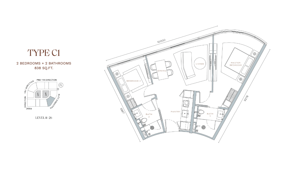 Orion Residence Type C1 · 2 Bed + 2 Bath · 838 sf · Level 11–26 floor plan