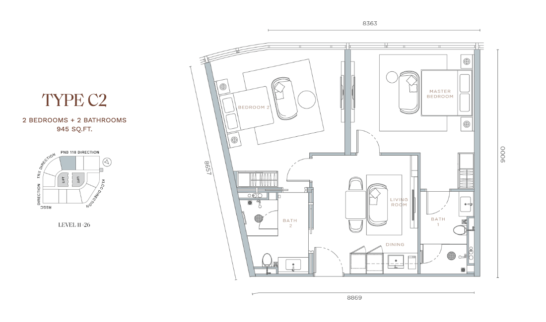 Orion Residence Type C2 · 2 Bed + 2 Bath · 945 sf · Level 11–26 floor plan