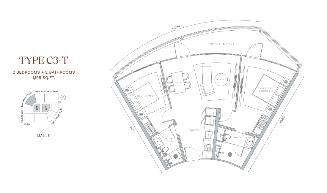 Orion Residence Type C3-T · 2 Bed + 2 Bath + Terrace · 1,155 sf · Level 11 floor plan