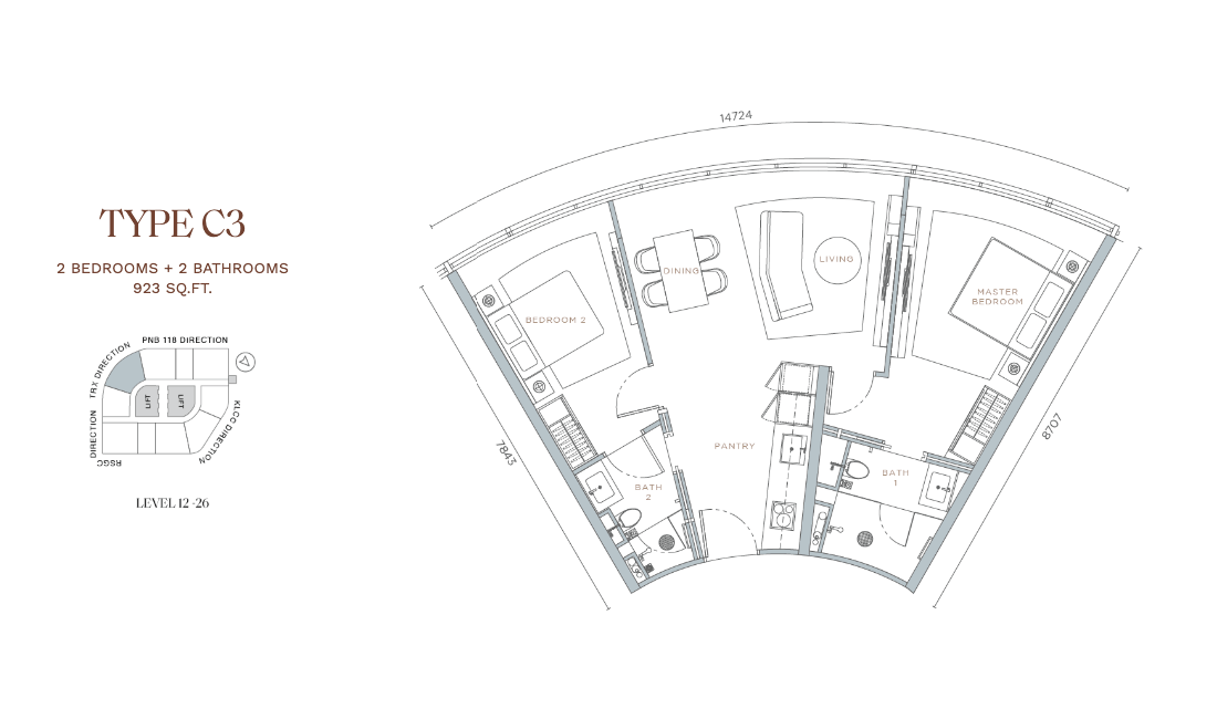 Orion Residence Type C3 · 2 Bed + 2 Bath · 923 sf · Level 12–26 floor plan