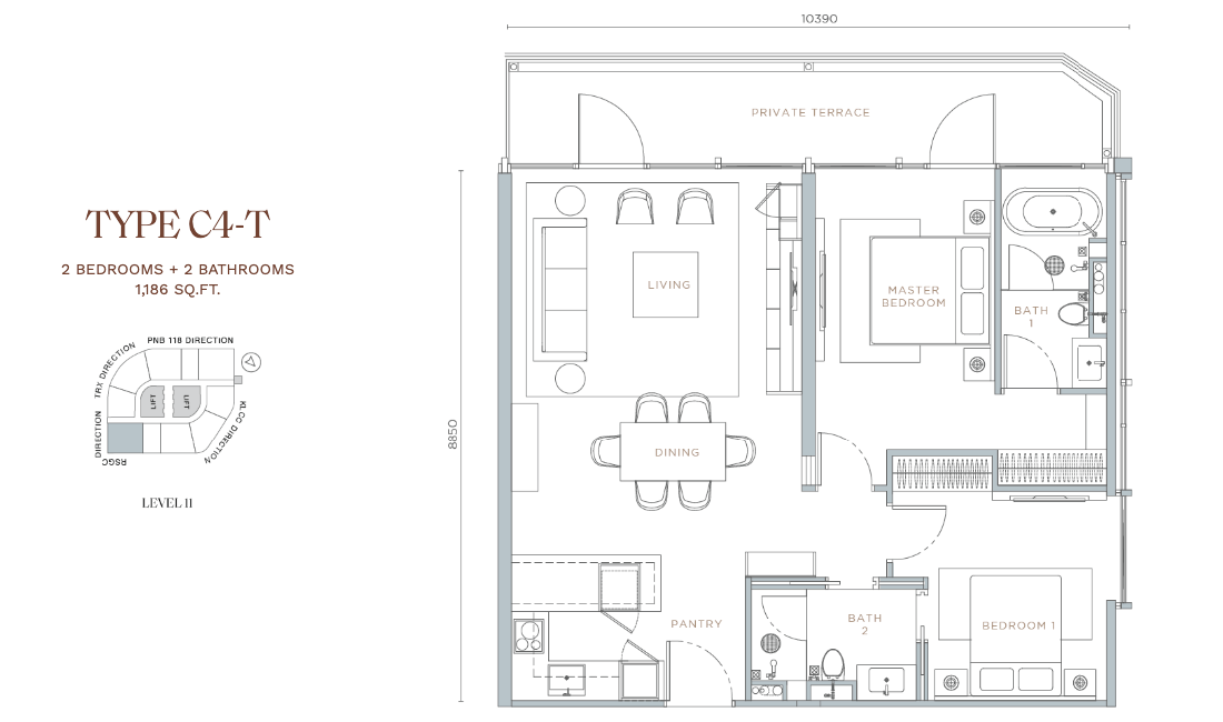 Orion Residence Type C4-T · 2 Bed + 2 Bath + Terrace · 1,186 sf · Level 11 floor plan