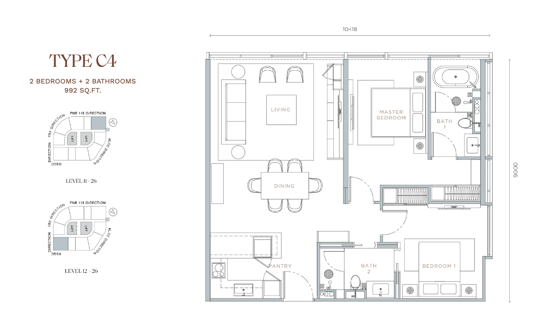 Orion Residence Type C4 · 2 Bed + 2 Bath · 992 sf · Level 11–26 floor plan