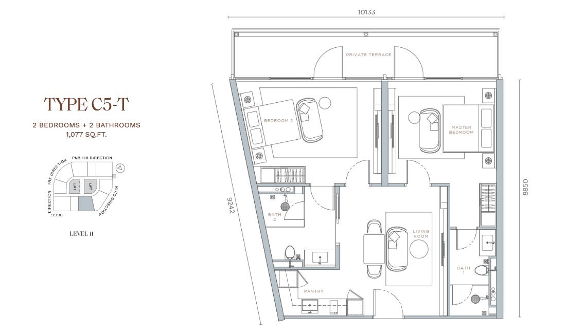 Orion Residence Type C5-T · 2 Bed + 2 Bath + Terrace · 1,077 sf · Level 11 floor plan