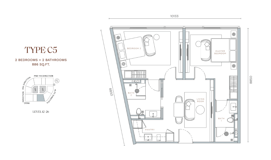 Orion Residence Type C5 · 2 Bed + 2 Bath · 886 sf · Level 12–26 floor plan